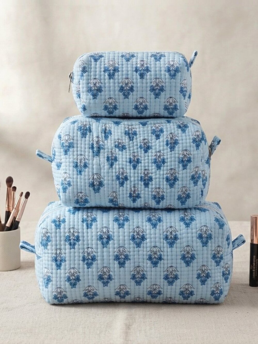 Set Of 3 Block Print Toiletry Bags, Cotton Makeup Bag, Cosmetic Bag Set Gift